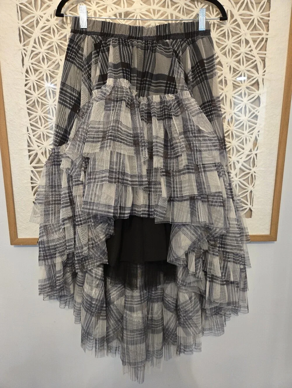 Kate Hewko Plaid High-Low Ruffle Tulle Skirt Gray Black One Size Statement - Picture 1 of 10
